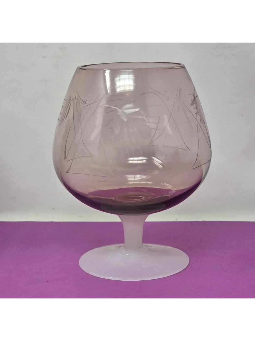 Vintage Made in Japan Amethyst Etched Brandy Snifter Frosted Stem Glass‎
